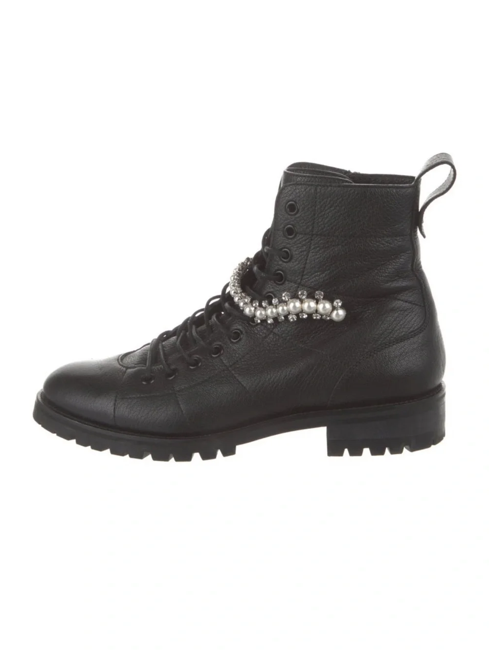 Jimmy Choo Black Leather Lace-Up Ankle Boot with Pearl Chain